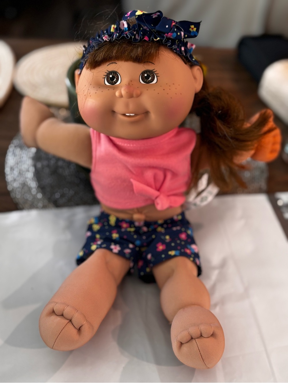 Plush Cabbage Patch Kids Baby Doll with Pink Top and Navy Floral Outfit